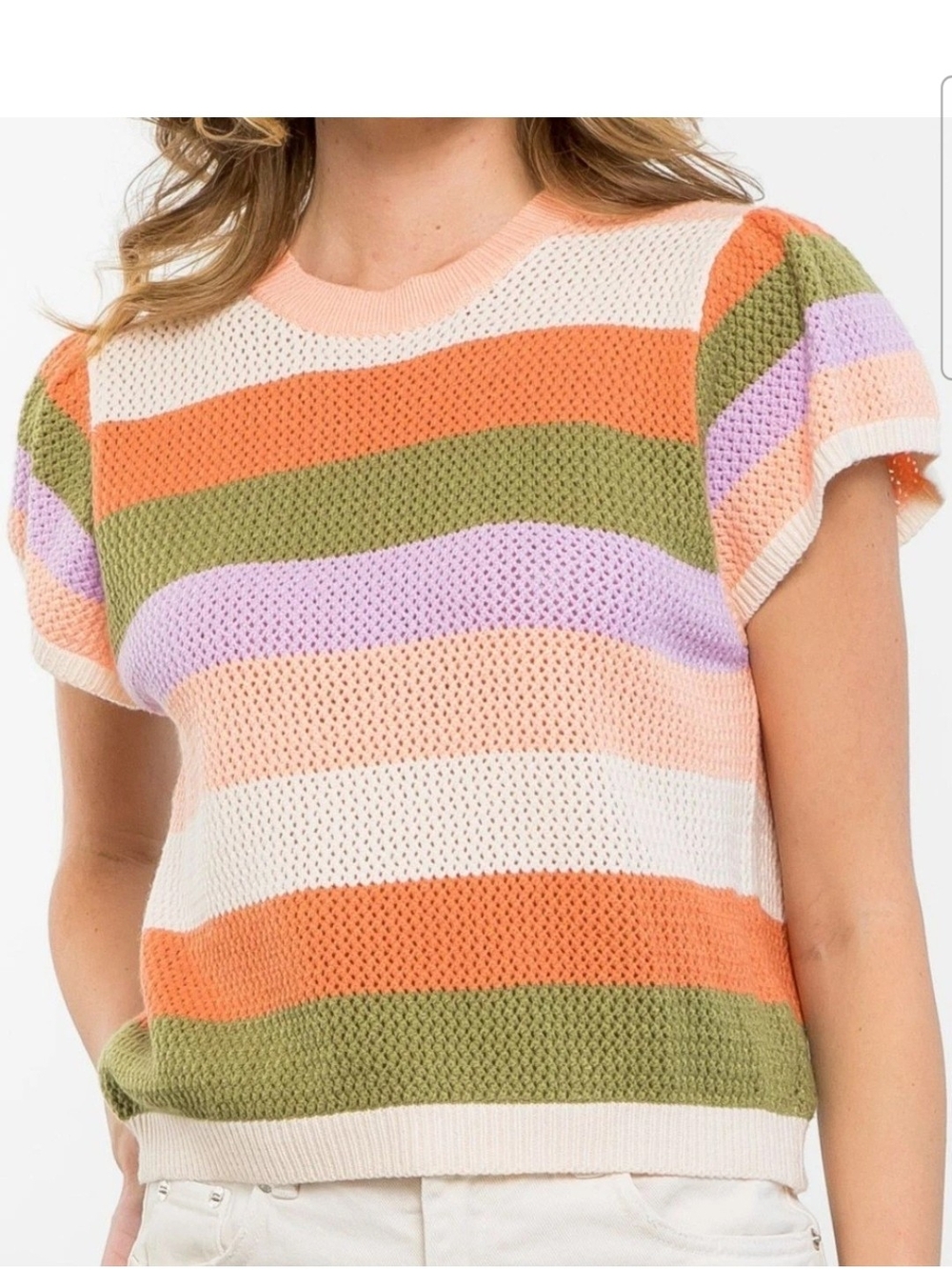 THML Jill Open Knit Stripped Crop Top Multi-color Women Sz L Retro Eclectic